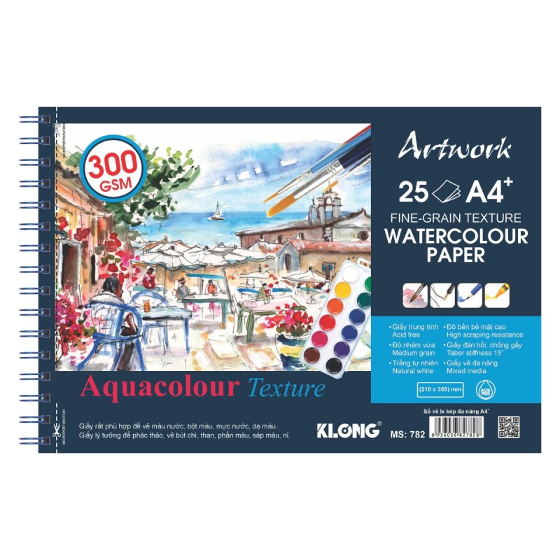 Sổ vẽ lò xo khổ A4 màu nước Artwork định lượng 300GSM - 25 tờ KLONG MS: 782