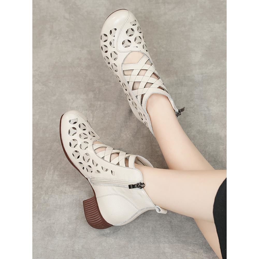 Xăng đan Da Bò Đế Dày Đục Lỗ Thoáng Khí Có Khóa Kéo Phong Cách retro Mùa Hè Cho Nữ