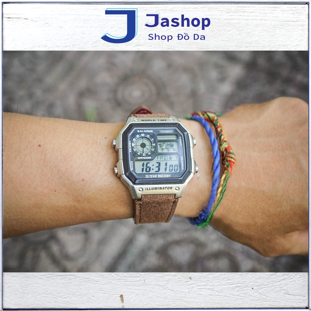 Dây đồng hồ da bò lộn da thật Jashop cho Casio World time AE-1200W và Seiko 5 37mm (Tặng Khóa + Cây thay dây + 2 chốt)
