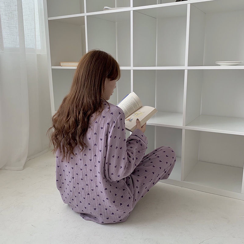 Bộ Đồ Ngủ cotton Tay Dài In Họa Tiết Trái Tim Đơn Giản Thời Trang Hàn Quốc