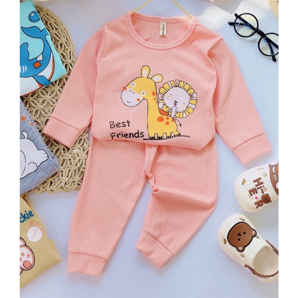 Bộ dài tay thun tăm minky mom in hình động vật đáng yêu cho bé từ 5-15kg