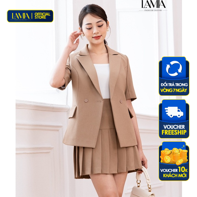 Áo vest nữ công sở Lamia Design LE158 màu nâu tây phối chân váy xếp ly mini trẻ trung