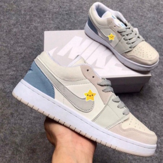Giày Jordan Trắng Xám JD1 Cổ Thấp Gót Xanh Sneaker Nam Nữ Full Box Bill F12