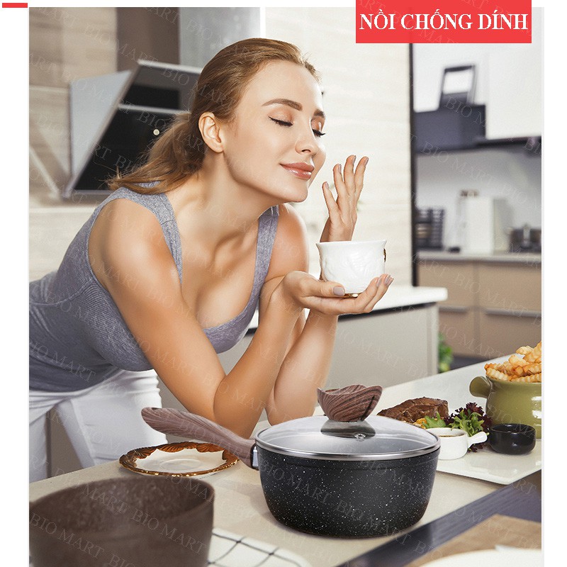 NỒI CHỐNG DÍNH - NỒI QUÁNH VÂN ĐÁ ĐÁY TỪ CHỐNG DÍNH - Có nắp đậy kính cường lực - Tiện lợi cho chiên, xào, kho thức ăn
