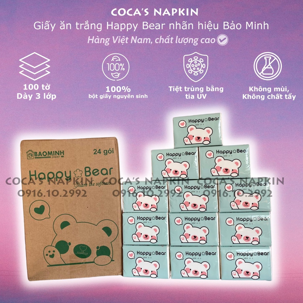 Giấy ăn trắng Happy Bear siêu dai, gói 120 tờ giấy rút lụa mềm mịn 3 lớp, không chất tẩy trắng