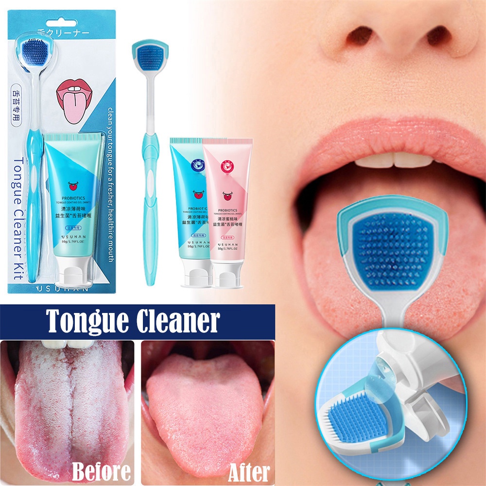 ✌ Bộ Gel Làm Sạch Lưỡi Bằng Silicone Với Bàn Chải Làm Sạch Lưỡi Kiểu Đào & Bạc Hà Giữ Thoáng Khí Tươi Mát