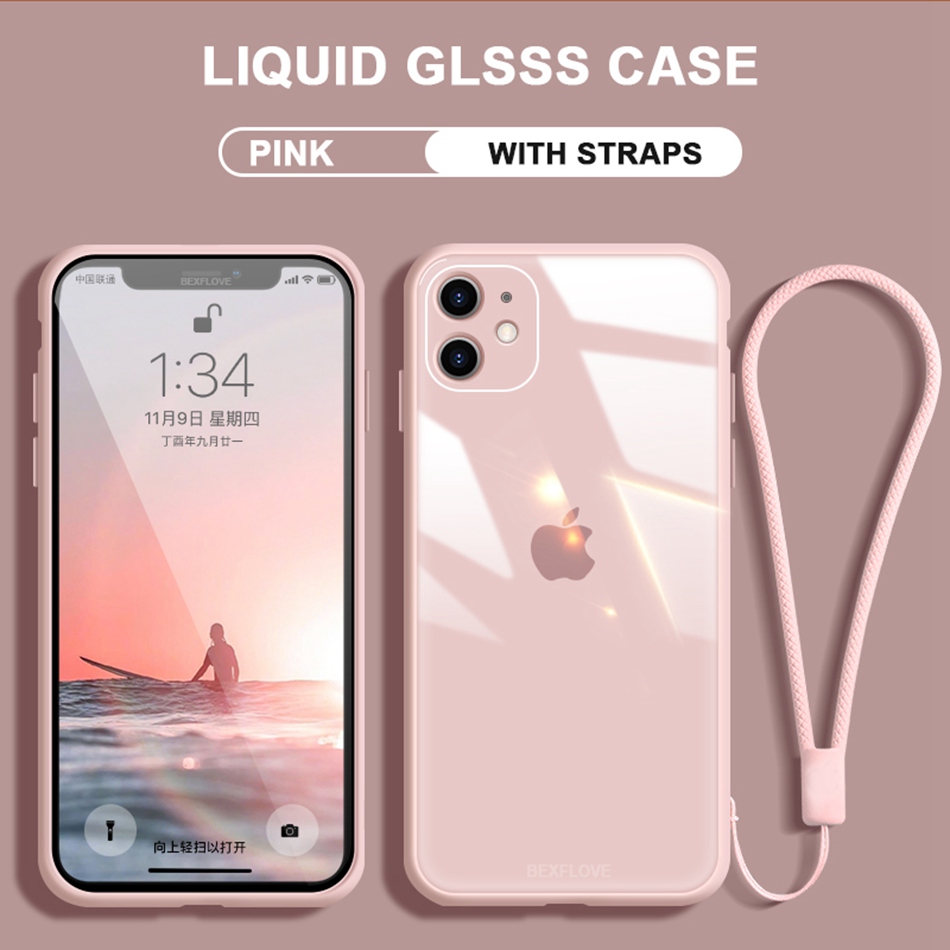 Ốp điện thoại kính cường lực cứng có dây đeo cho iPhone 11 Pro MAX 12 12pro X Xr Xs Max 6 7 8 Plus 6 6s Se2