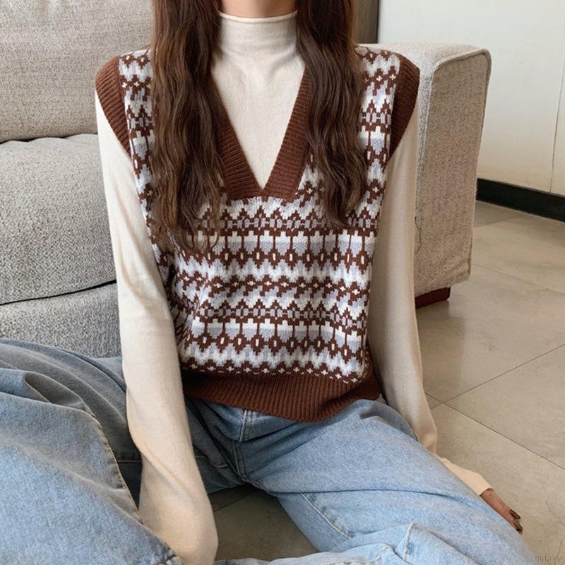 Áo len không tay cổ chữ v họa tiết sọc caro phong cách retro hàn quốc | BigBuy360 - bigbuy360.vn