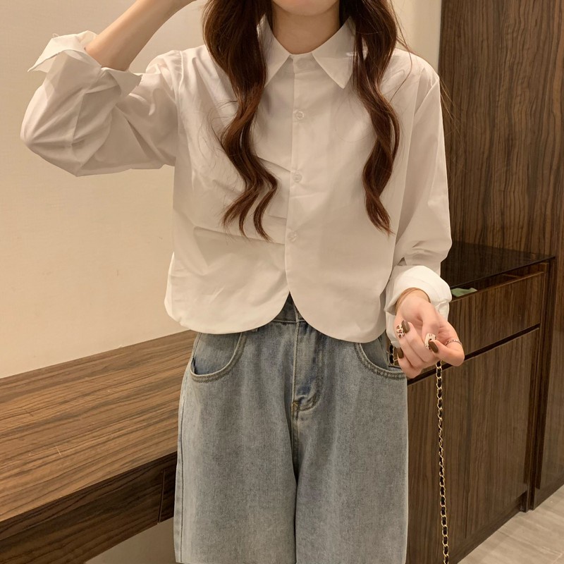 QADCOL Áo Kiểu Tay Dài Thiết Kế Xếp Ly Phong Cách Hàn Quốc