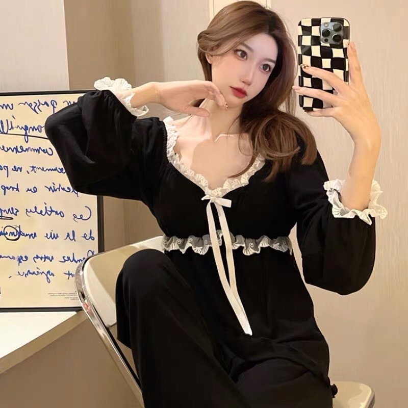 ORDER BỘ MẶC NHÀ ĐEN CHẤT THUN MỀM VIỀN REN TRẮNG rẻ nhất shopee