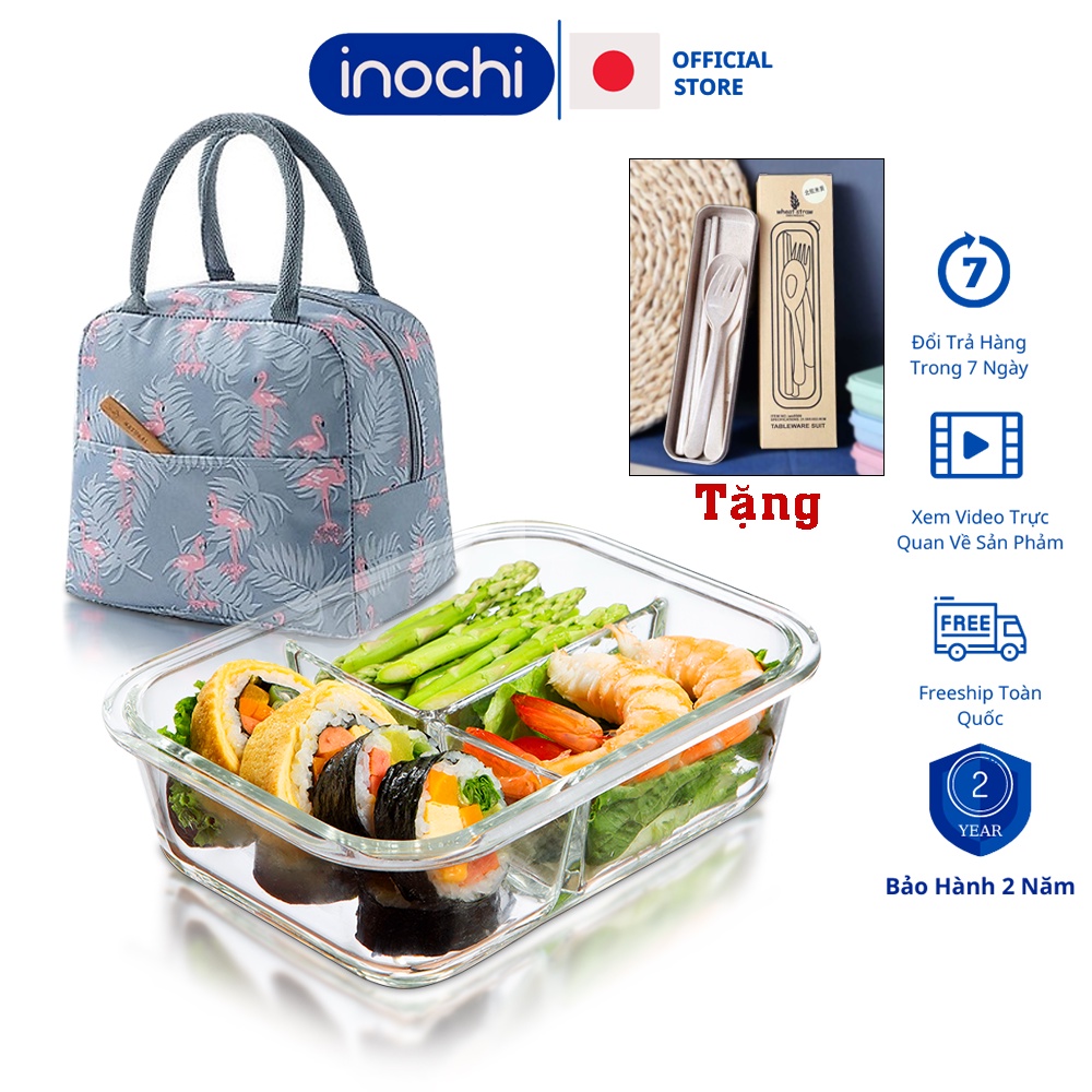 Hộp đựng cơm inochi văn phòng hộp thủy tinh 3 ngăn giữ nhiệt có kèm túi và bộ thìa dĩa