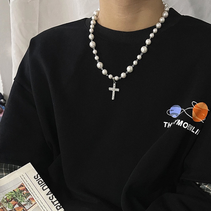 Vòng cổ Mặt Chữ Thập Đính Đá Ngọc Trai Phong Cách hip hop Cho Nam Nữ