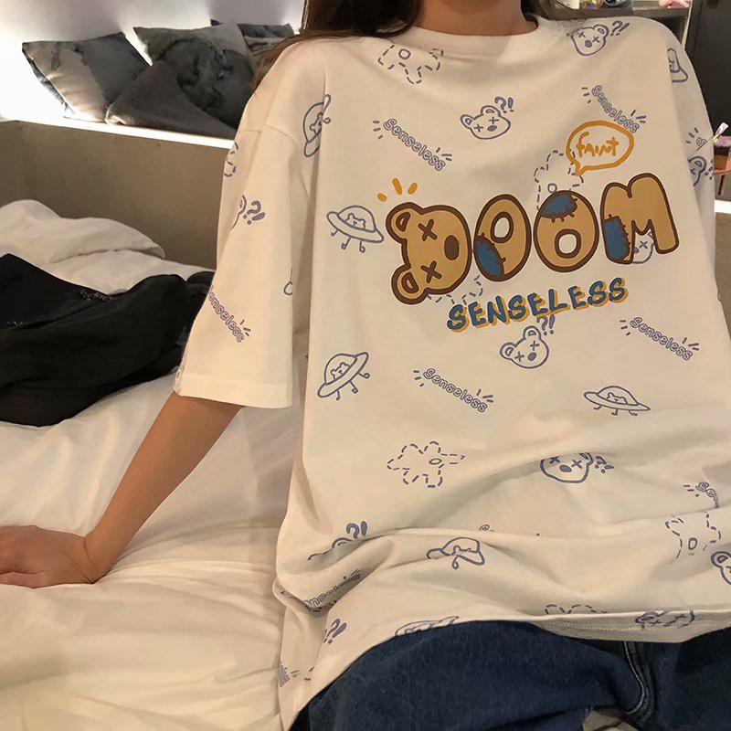 Áo Thun Tay Ngắn Dáng Rộng In Hình Gấu Thời Trang Hong Kong Cho Nam 2021 t shirt nữ in hoa new ifashion top