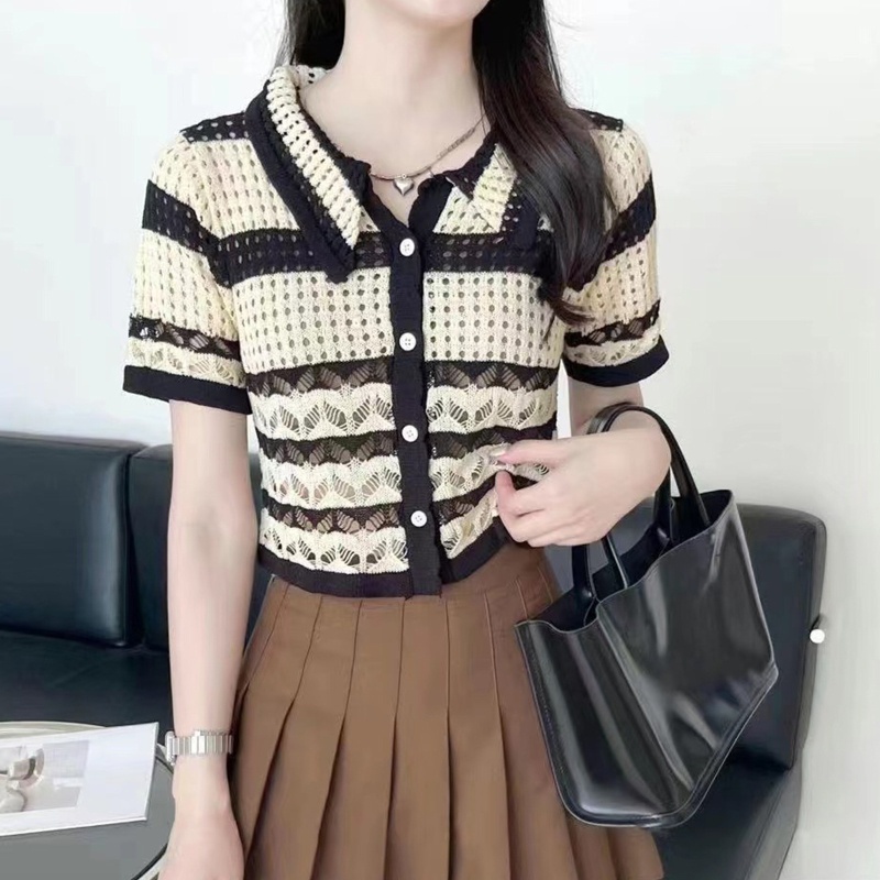 Áo Cardigan Dệt Kim Tay Ngắn Kẻ Sọc Màu Sắc Tương Phản Kiểu Hàn Quốc Thời Trang Mùa Hè Cho Nữ