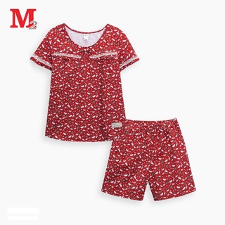 Bộ quần áo nữ cotton quần đùi và áo cộc tay cổ tròn đỏ họa tiết cái ô BBSW2025 Thời trang M2