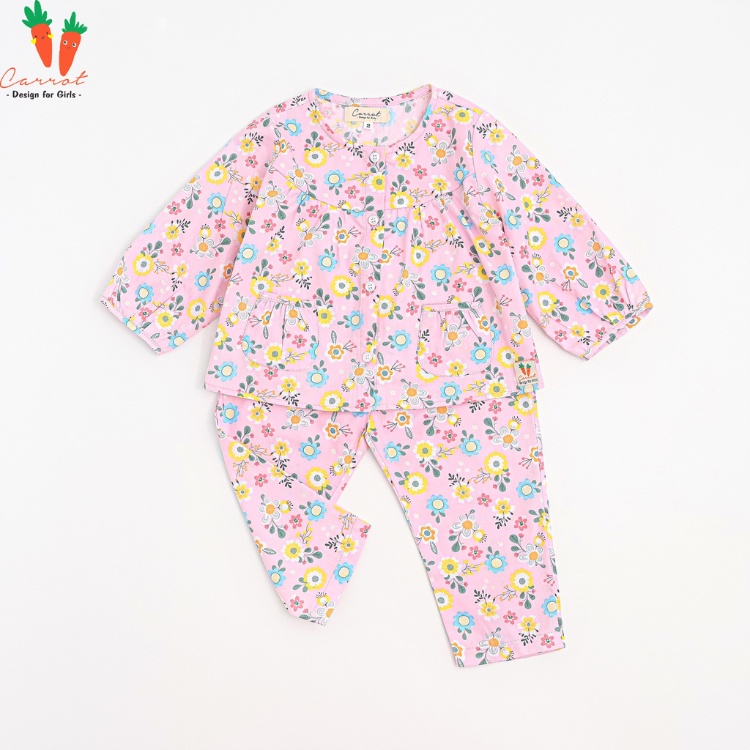 Bộ Dài Tay Cho Bé Gái Carrot, Họa Tiết Hoa Sắc Màu, Chất Thô Cotton Thoáng Mát Thấm Hút Mồ Hôi