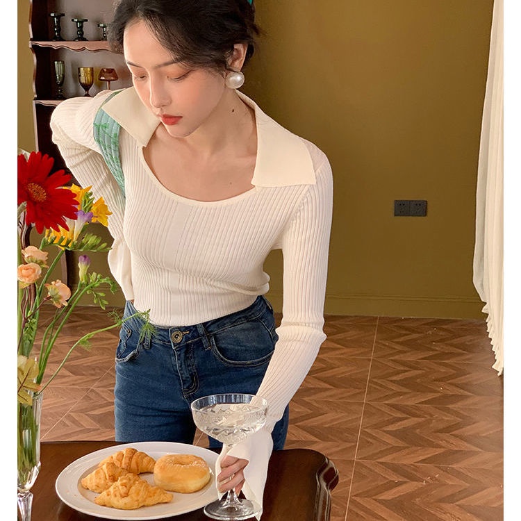 COZOK Áo len tay dài ống loe cổ điển