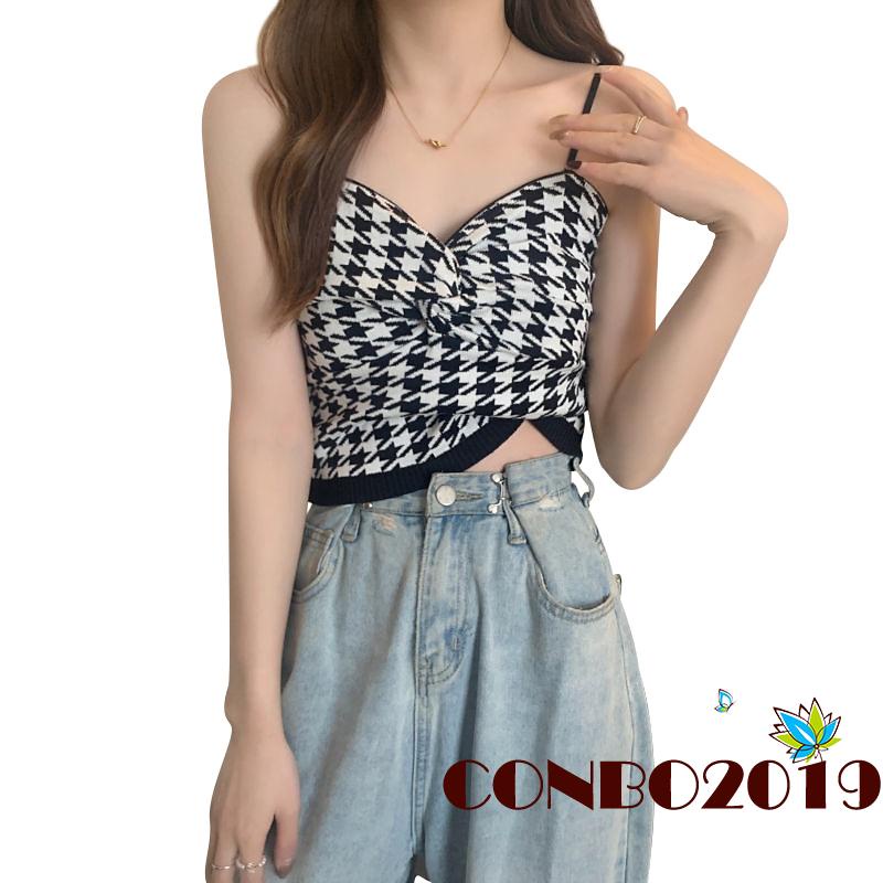 Hgm- Áo Tank Top Ôm Dáng Thắt Nút Họa Tiết Houndstooth Thời Trang Mùa Hè Cho Nữ