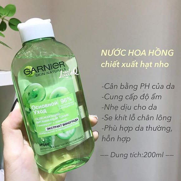 Nước Hoa Hồng Chiết Xuất Hạt Nho Dành Cho Da Thường Và Hỗn Hợp Thiên Dầu Garnier Vegan 200ml