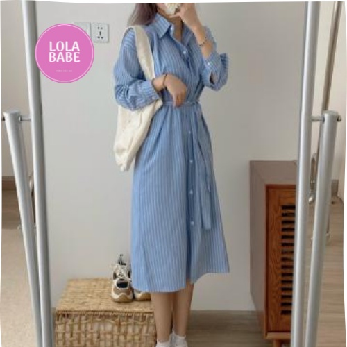 Váy sơ mi kẻ xanh dáng xuông, đầm kẻ sọc tay dài v112 Lolababe