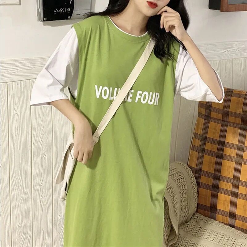 Đầm Tay Ngắn Dáng Rộng In Chữ Thời Trang Hàn Quốc