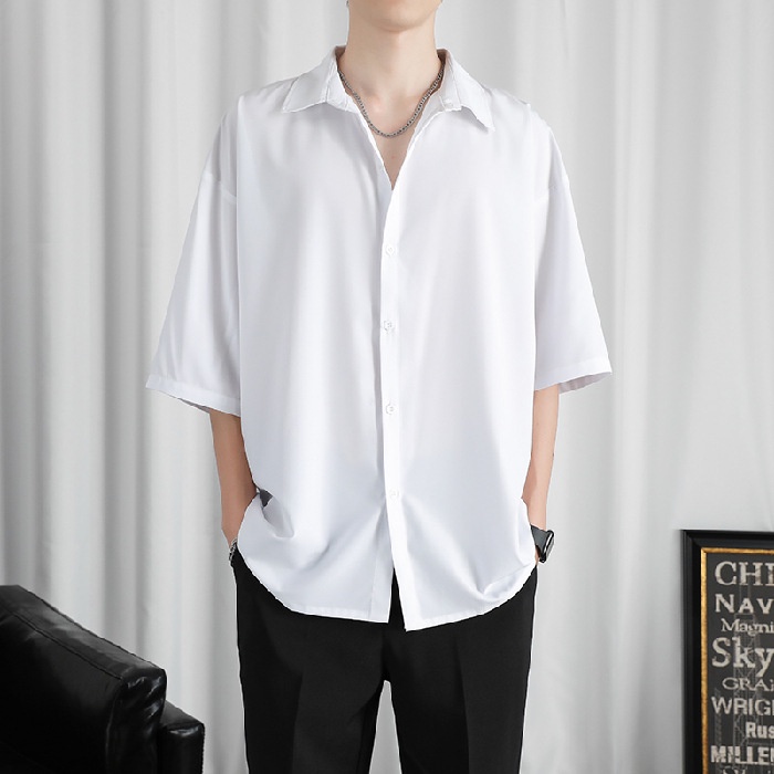 Áo Sơ Mi Lụa Trơn Tay Ngắn Dáng Rộng Có size Lớn M-8XL Dành Cho Nam Giới