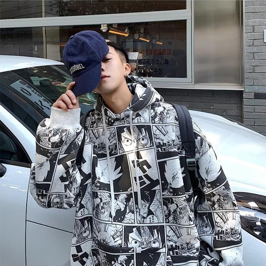 Áo Hoodie Tay Dài Dáng Rộng In Hình Truyện Tranh Kiểu Mỹ Cá Tính Cho Nam Và Nữ Plus Size M-7XL