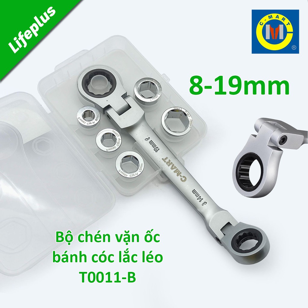 Bộ cờ lê lắc léo tự động 2 đầu vòng kèm 5 đầu lục giác rời C-mart T0011-B 8-19mm