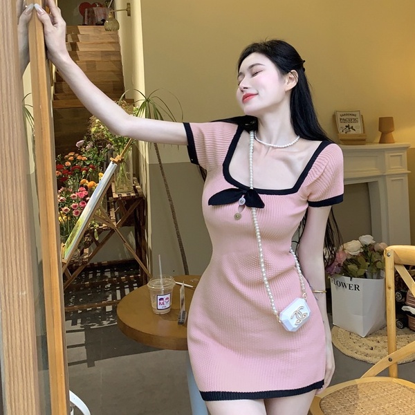 Đầm ngắn ZHELIHANGFEI dệt kim trễ vai đính nơ thời trang quyến rũ xinh xắn cho nữ