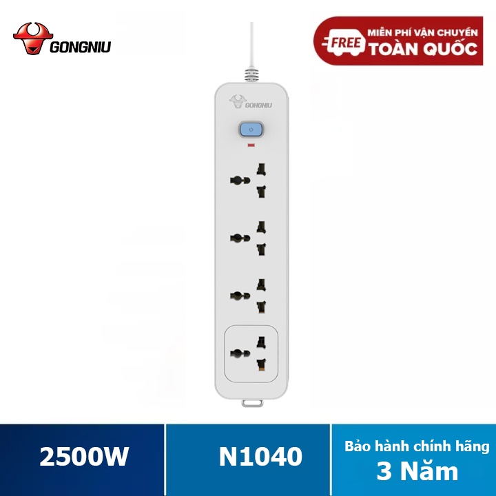 Ổ Cắm Điện Gongniu 4 Ổ Đa Năng 1 Công Tắc – 10A/250/2500W – Trắng – Chính Hãng - N1040