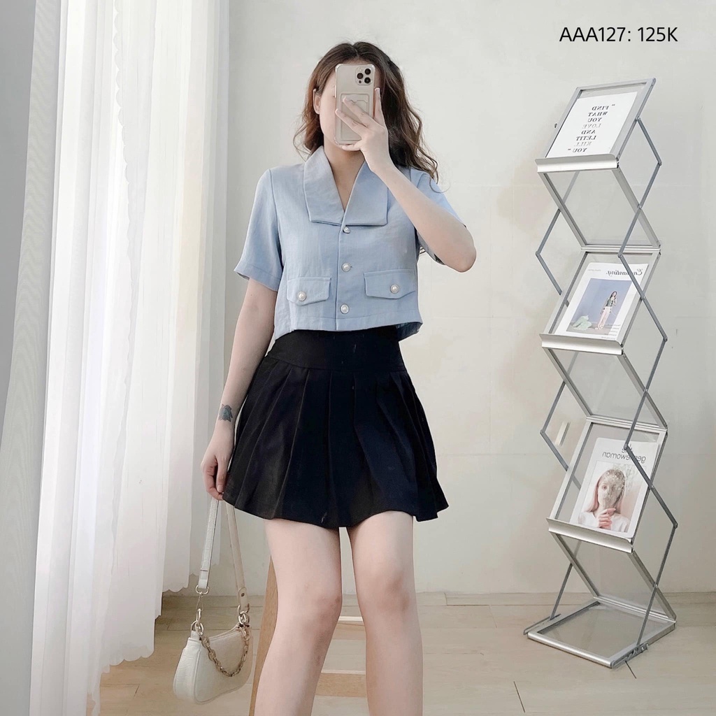 Áo croptop kiểu cổ vest áo croptop nữ tay ngắn vải bố 2 túi giả 3 nút CHIBEST AAA127