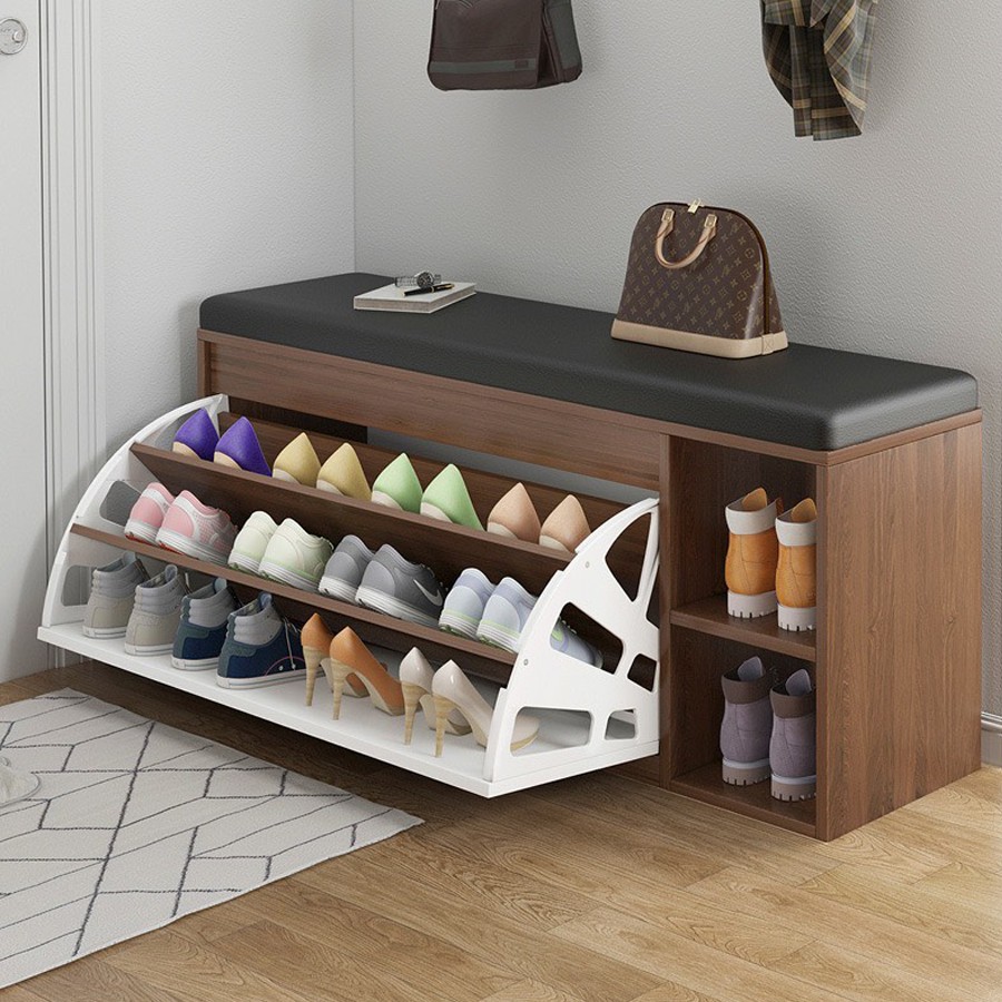 Tủ giày thông minh gỗ MDF cao cấp, kệ ghế để giày 3 ngăn có hộc để đồ, cánh lật che bụi, 100cm*30cm*48 cm