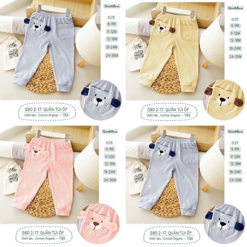 Quần dài túi ốp tai gấu Goodmama chất Cotton Organic siêu mềm mịn cho bé