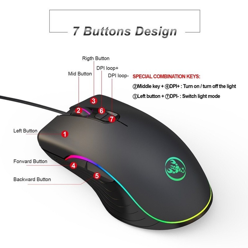 Chuột HXSJ A867: Gaming LED RGB Chơi Game Có Dây 6400 DPI