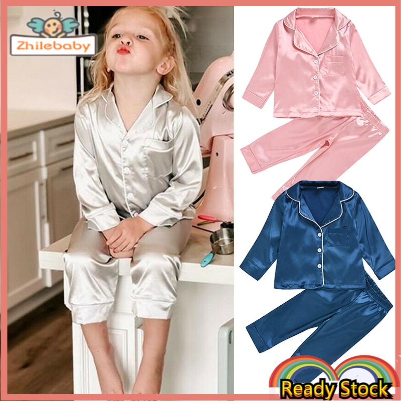 Bộ Đồ Ngủ Tay Dài Vải Lụa Satin Thời Trang Mùa Xuân Cho Bé