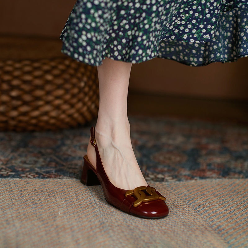 Giày sandal cao gót hở ngón gót vừa đế dày khóa kim loại vintage mùa hè cho nữ