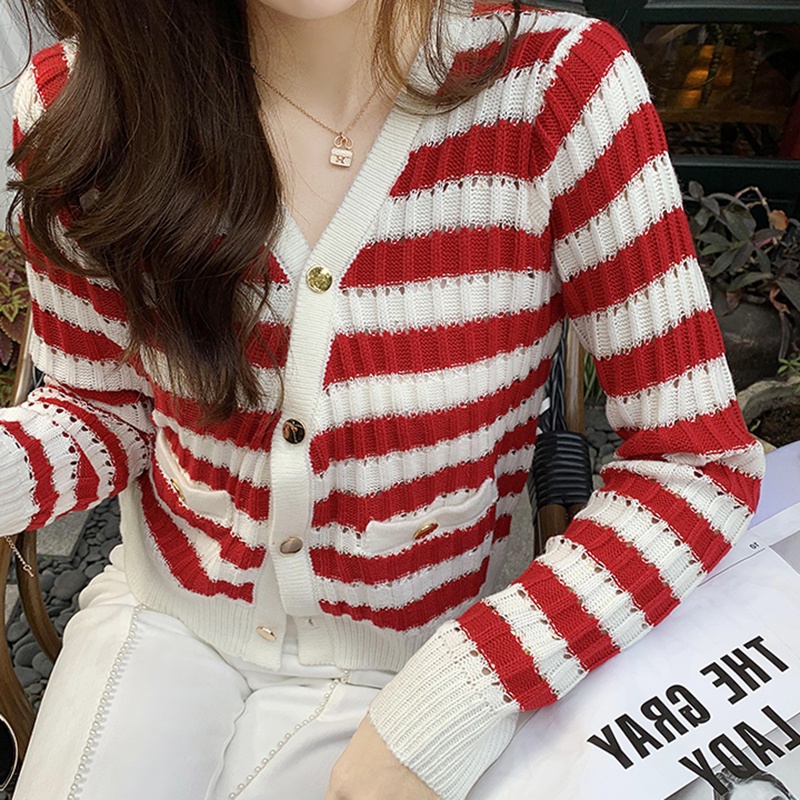 Mùa hè Hàn Quốc áo len dài tay cổ chữ V dệt kim cổ điển với áo khoác cardigan sọc tương phản | BigBuy360 - bigbuy360.vn