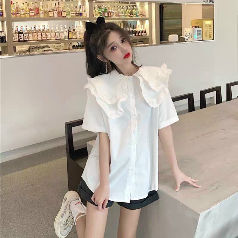 Áo sơ mi nữ Hanna Áo sơ mi cộc tay thiết kế cách điệu cổ bèo phong cách Hàn Quốc HẠNH 96 HN058