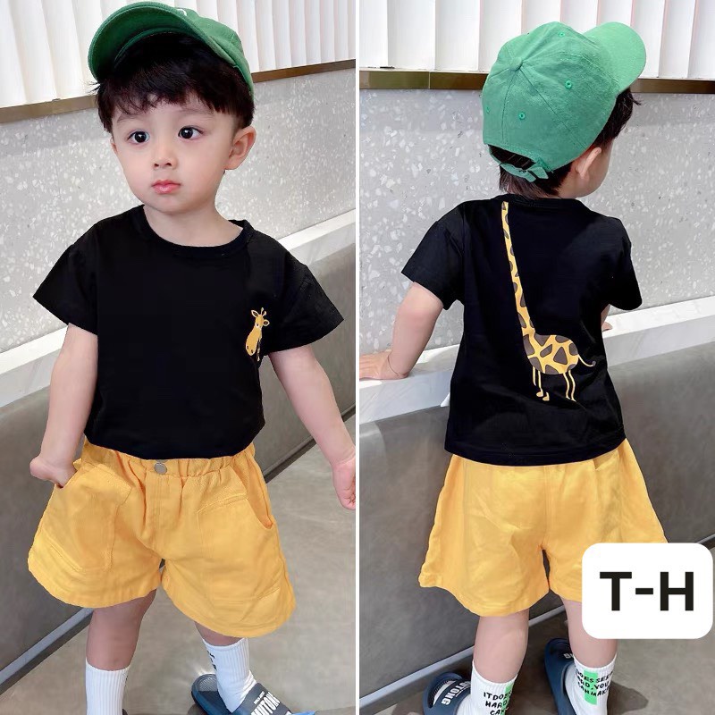 Bộ quần áo hè cho bé trai, Bộ cotton cộc tay họa tiết hươu cao cổ cho bé từ 7 đến 18 kg
