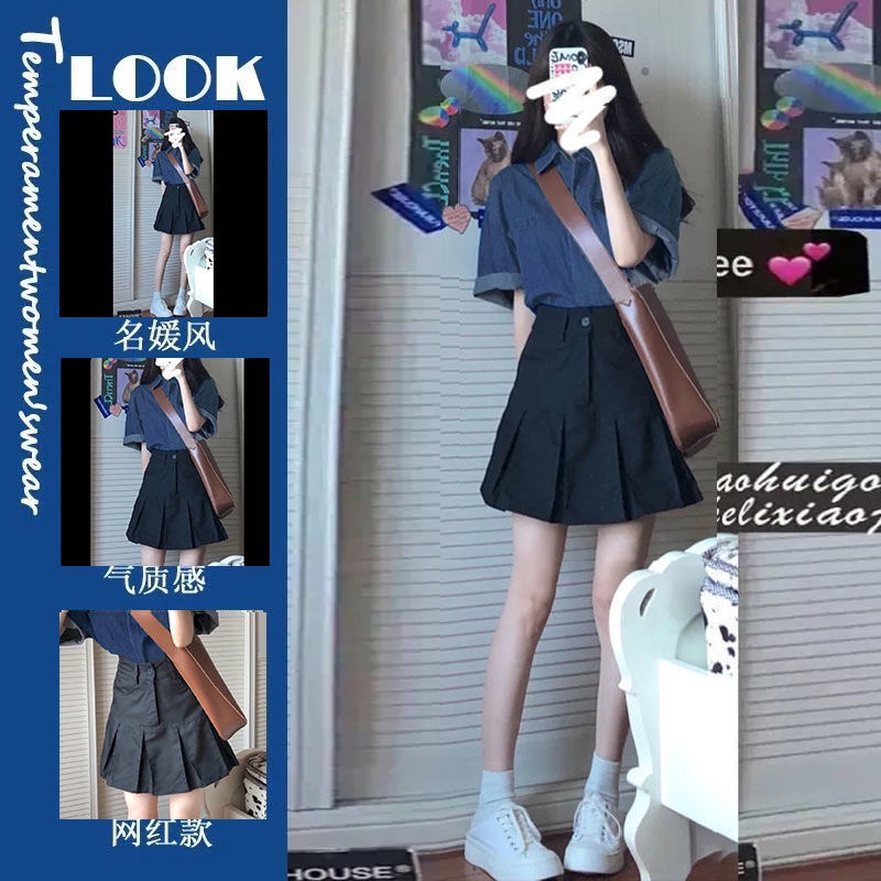 Set Áo Thun Tay Ngắn + Chân Váy Denim Xếp Ly Thời Trang Mùa Hè Cho Bé Gái