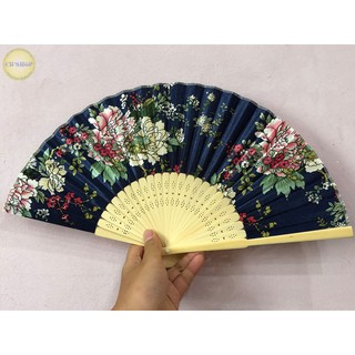 Quạt lụa Nhật Bản cao cấp màu xanh sang trọng tinh xảo