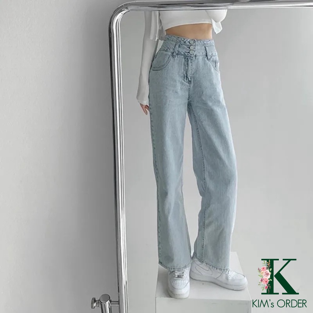 Quần Jean Nữ Cạp 3 Cúc Màu Xanh Bạc Lưng Cao Ống Suông Dài Phom Rộng Phong Cách Hàn Quốc Chất Vải Co Dãn Cao Cấp Loại 1