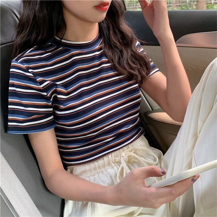 SUXI Áo Thun Tay Ngắn Kẻ Sọc Ngang Trẻ Trung Năng Động Phong Cách Hàn Quốc