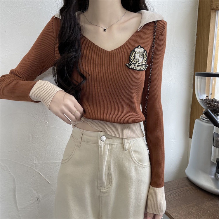 Áo polo Dệt Kim Tay Dài Dáng Ôm Lưng Cao Thời Trang Mùa Thu Cho Nữ