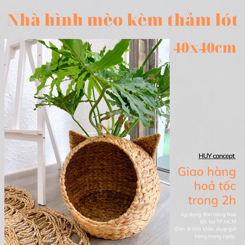 Nhà hình mèo cho thú cưng chất liệu lục bình kèm thảm lót 40x40cm