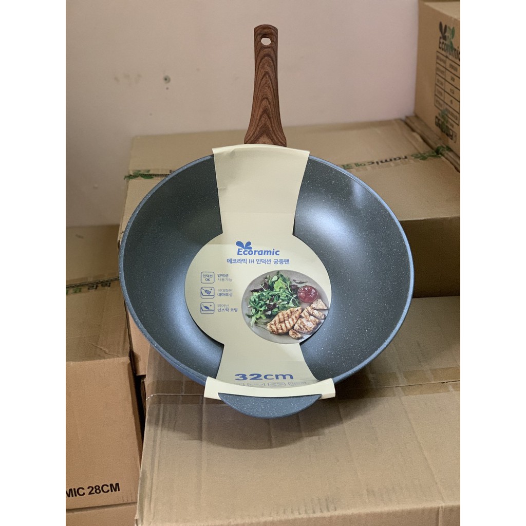 Chảo Chống Dính Lòng Sâu Vân Đá 32CM ECORAMIC Hàn Quốc Đáy Từ | Đúc Nguyên Khối | Cam Kết Chính Hãng