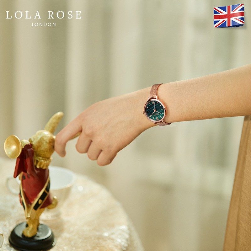 Đồng hồ nữ dây kim loại Lolarose mặt tròn 30mm đá bảo thạch malachite cao cấp sang trọng LR4070