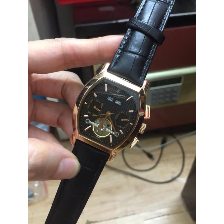 Đồng hồ Nam Vacheron constantin cơ bầu tự động 6kim trăng sao size 40-41 dây da vỏ vàng hồng mặt đen