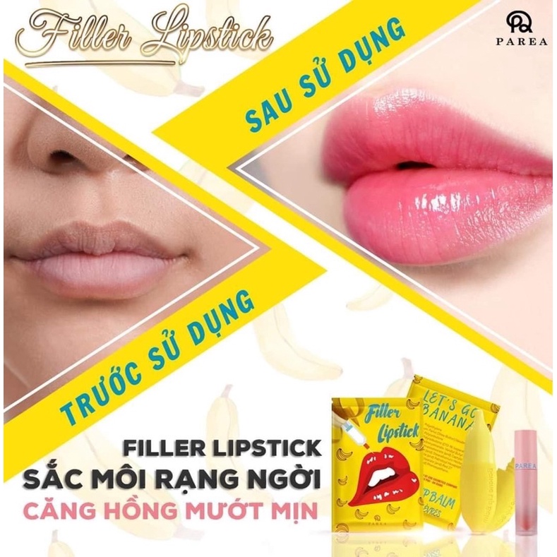 Son Filler Collagen Chuối Khử Thâm Parea cùng son màu Chu Lipstick, giúp môi căng mọng hồng hào