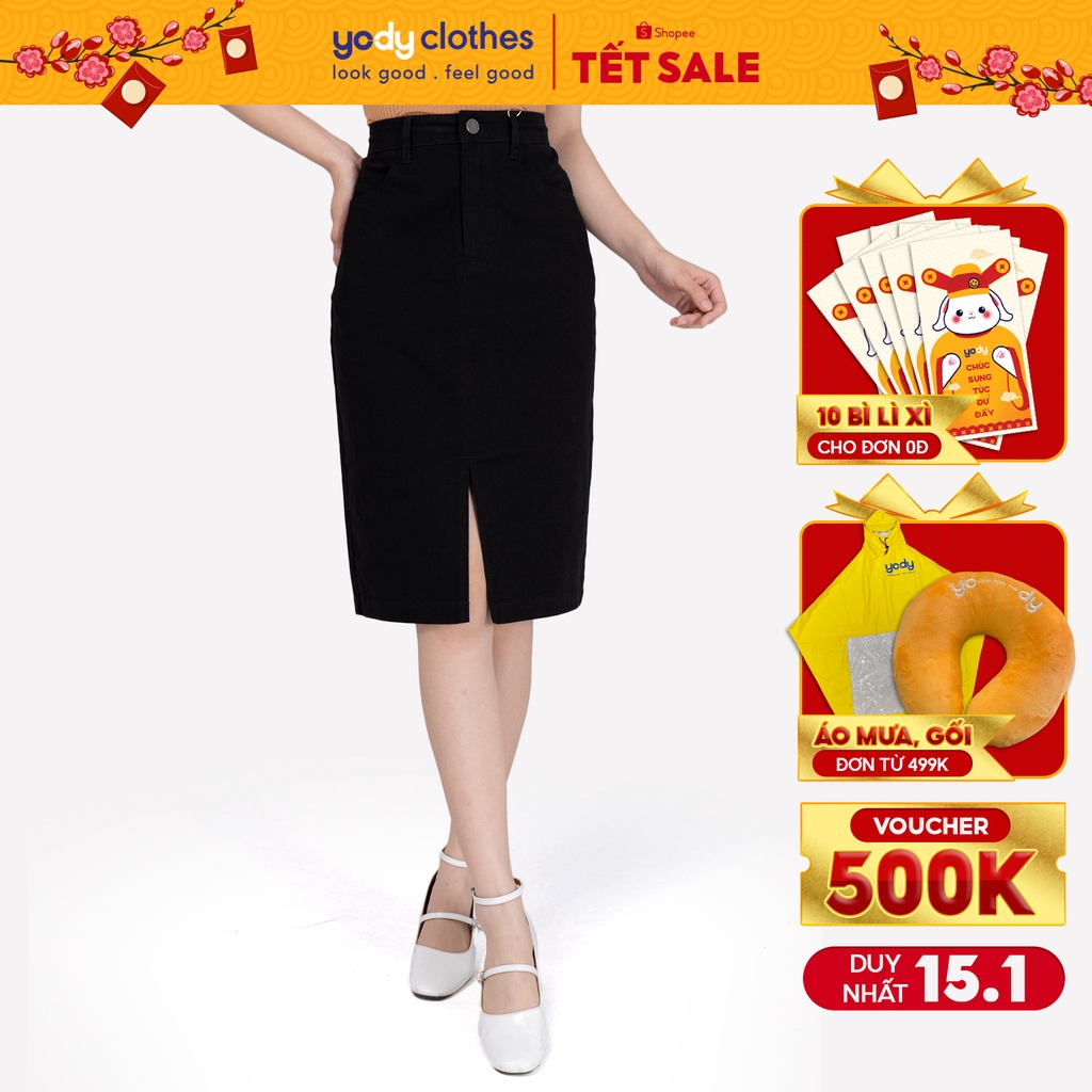 Chân váy ôm nữ YODY kaki dáng dài xẻ tà mềm mịn, thấm hút tốt CJN4060
